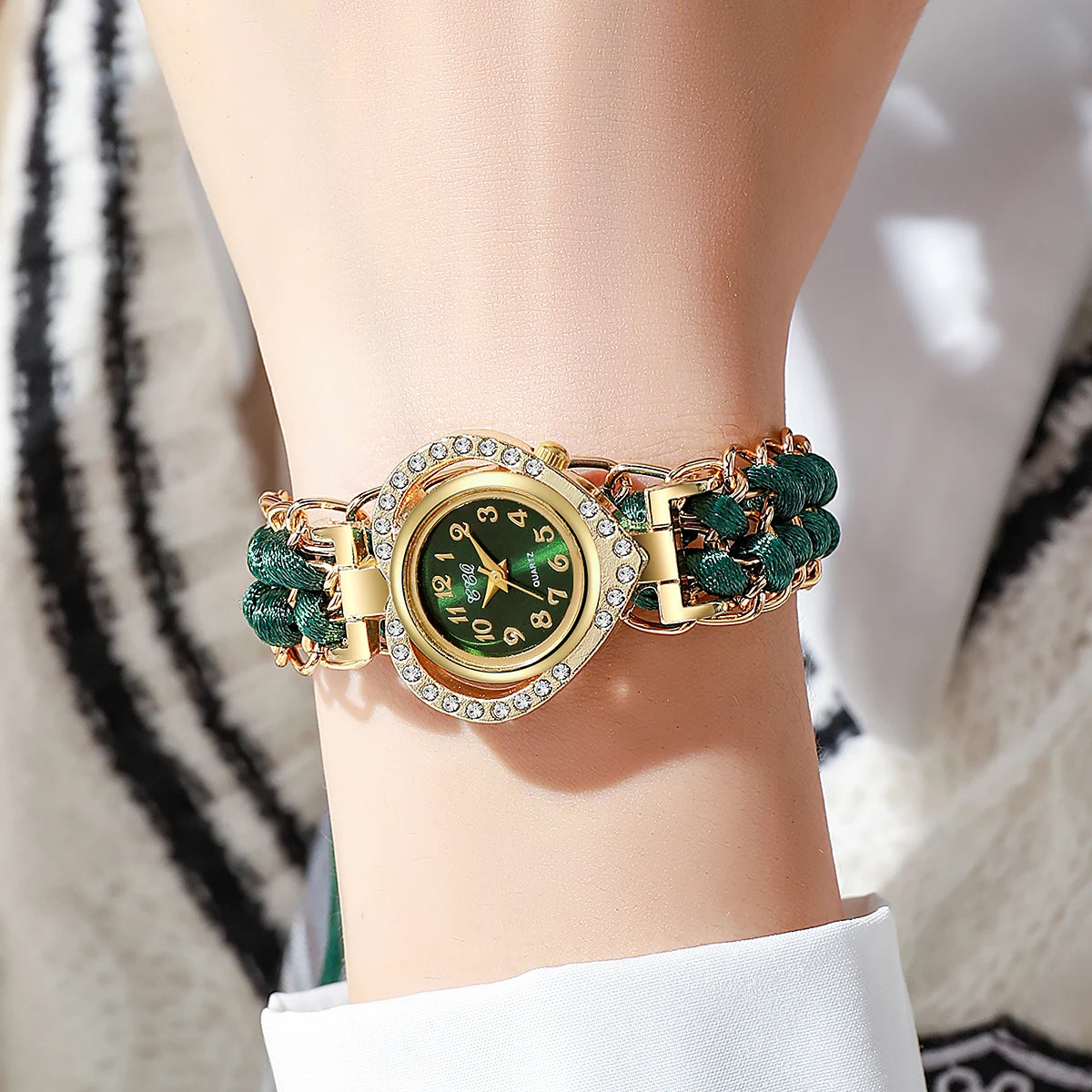 Women's Rhinestone Heart Dial Woven Strap Quartz Wristwatch