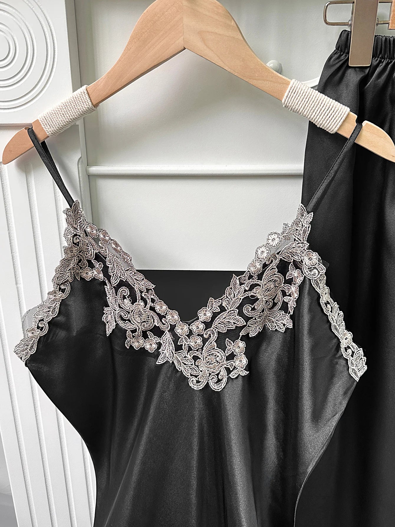 Women's 5Pcs Satin Lace Trim Top Ruffle Shorts Lounge Pants Loungewear Set