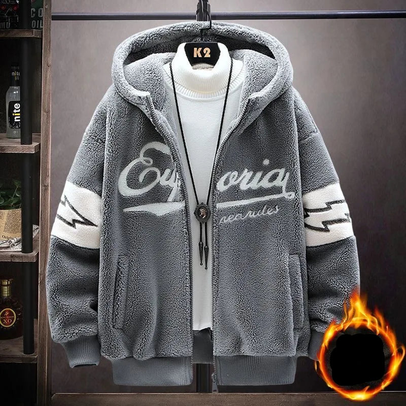 Men's Printed Fleece Thick Warm Hooded  zipper Sweater