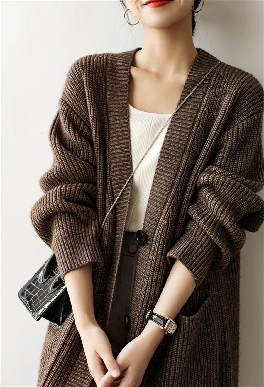 Women's Long Knitted  Single Breasted V-neck Sweater Cardigan