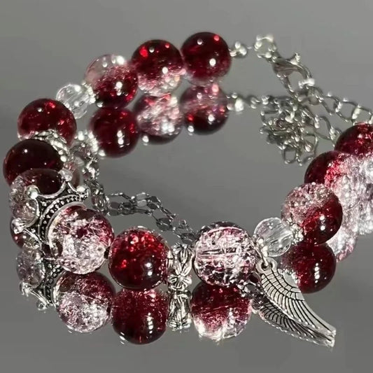 Women's Beaded Red Crystal Feather Pendant Bracelet