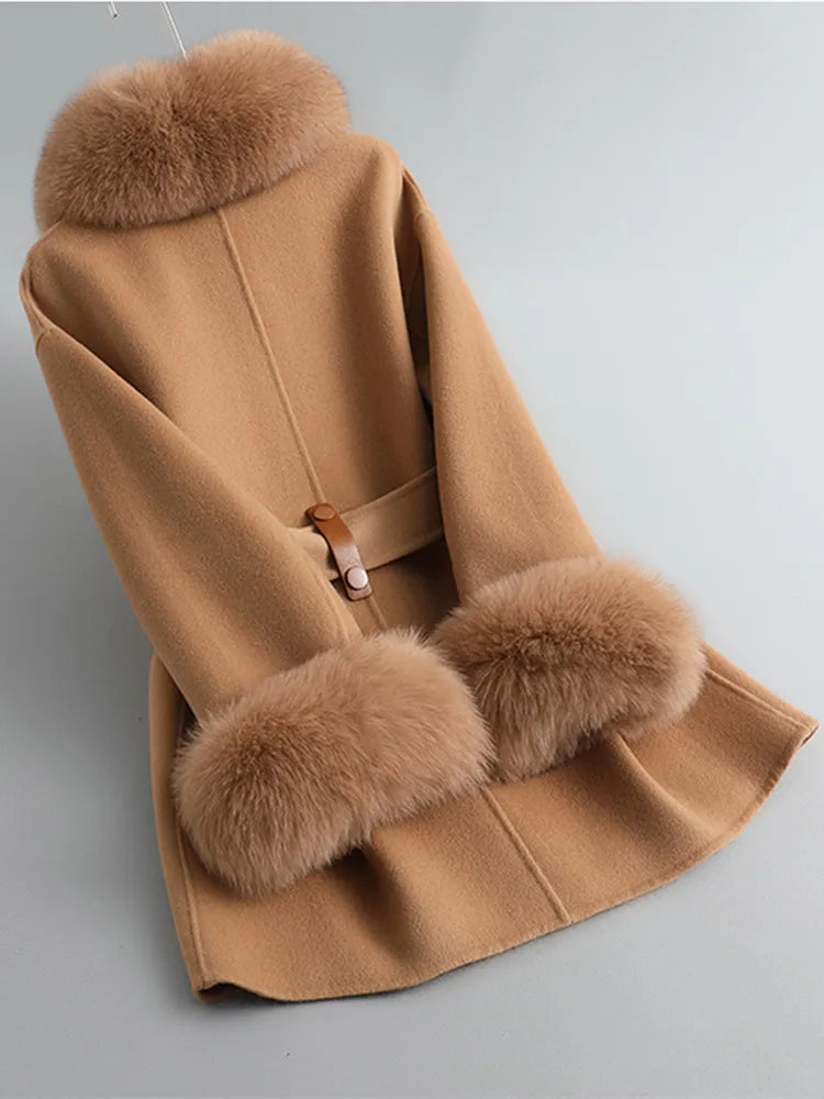 Women's Natural Fox Fur Collar Cashmere Wool Coat