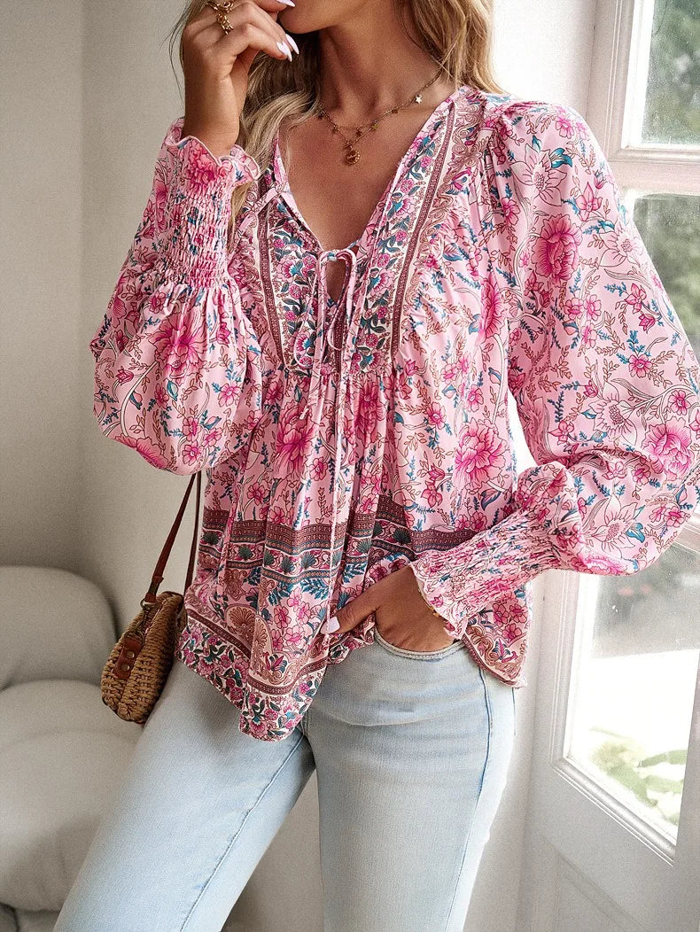 Women's Printed Tied V Neck Lantern Long Sleeve Shirt