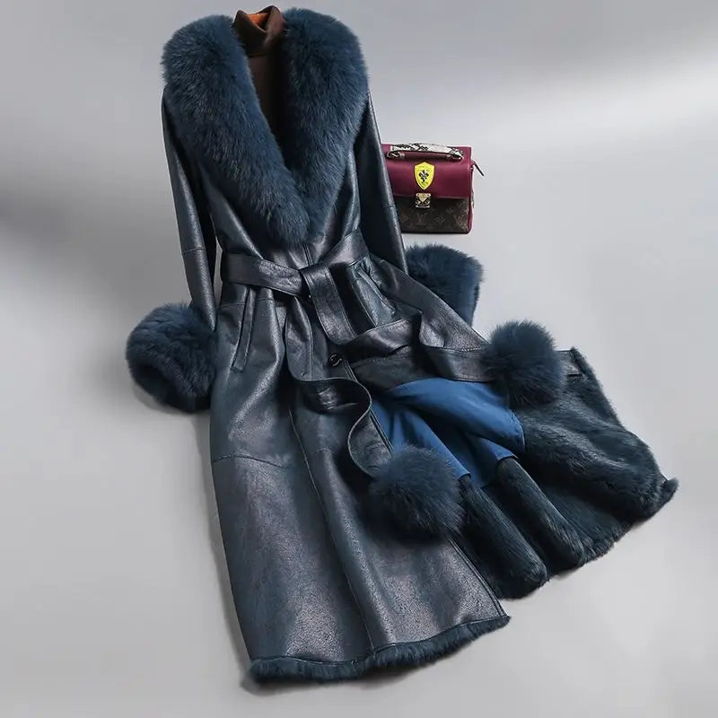 Women's Mid Length Rabbit Fur Fox Fur Collar Slim Fit Coat