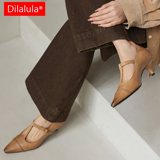 Women's Cow Leather T-Strap Pumps Shoes
