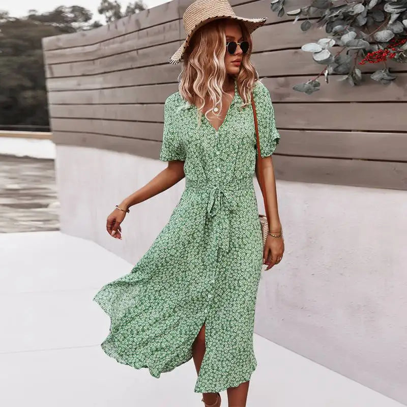 Women's Short Sleeve Button V-Neck Beach Boho Midi Dress