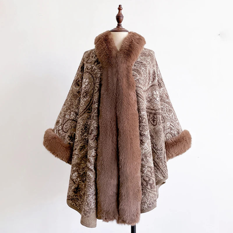 Women's Mink Wool Full Trims Faux Fur Hooded Fleece Wrap Cape