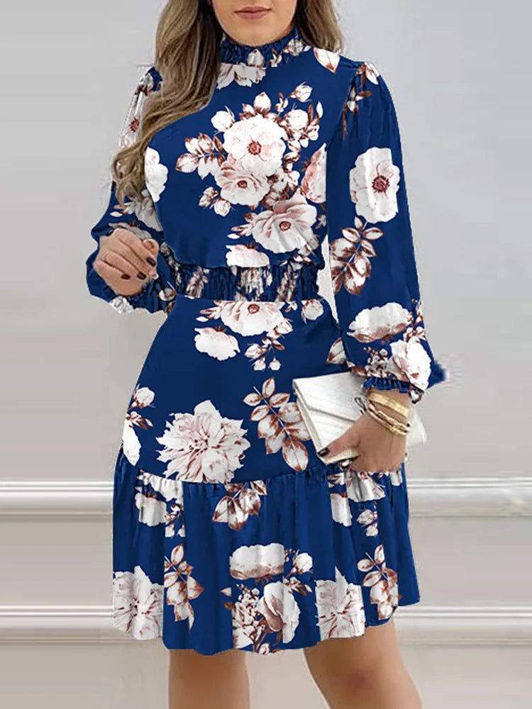 Women's Floral Print Lantern Sleeve Shirred Ruffles Midi Dress