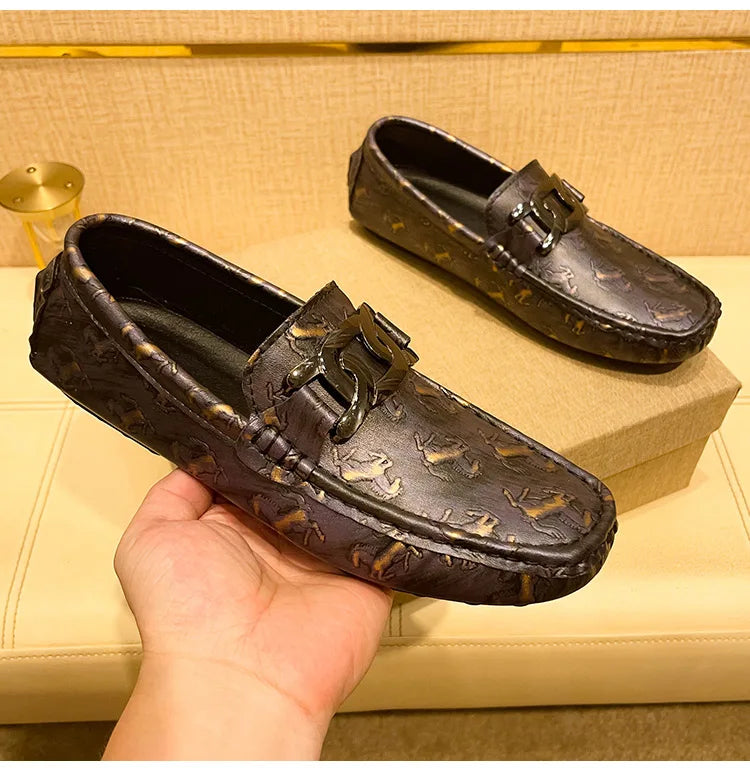 Men's Crocodile Print Leather Slip On Breathable Moccasins Shoes