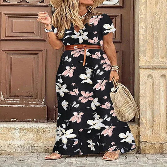 Women's Short Sleeve Belted Ruffle Bohemian Maxi Sun Dress