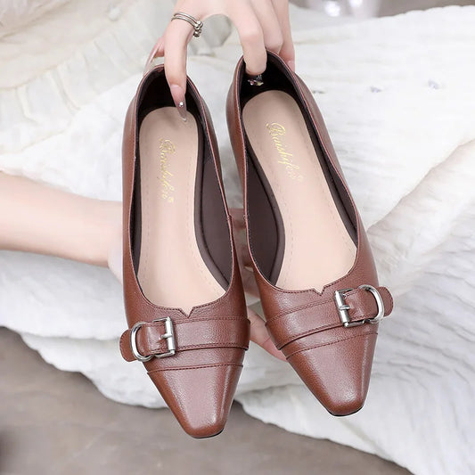 Women's Genuine Leather Low Heel Soft Buckle Pumps Shoes