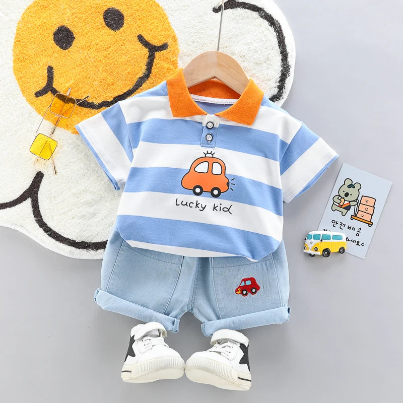 kids' 2Pcs High Quality Polo Shirt Denim Short Set