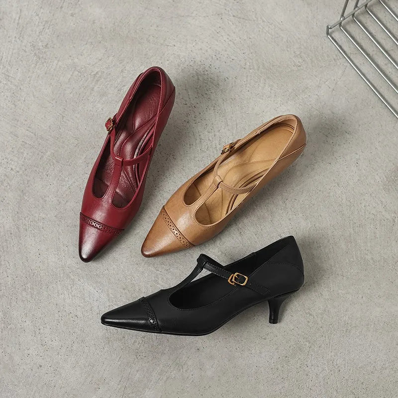 Women's Cow Leather T-Strap Pumps Shoes
