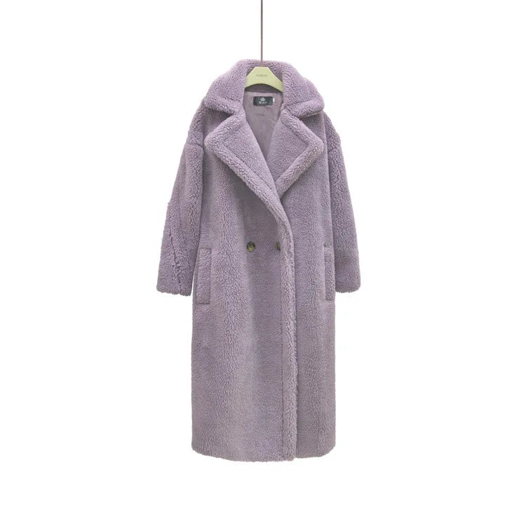 Women's Faux Fur Long Large Grain Lamb Sheep Wool Coat