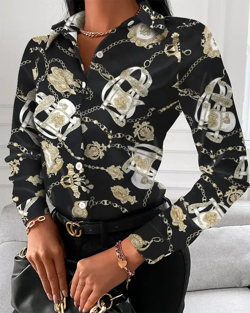 Women Turn-Down Collar Long Sleeve Blouse Shirt