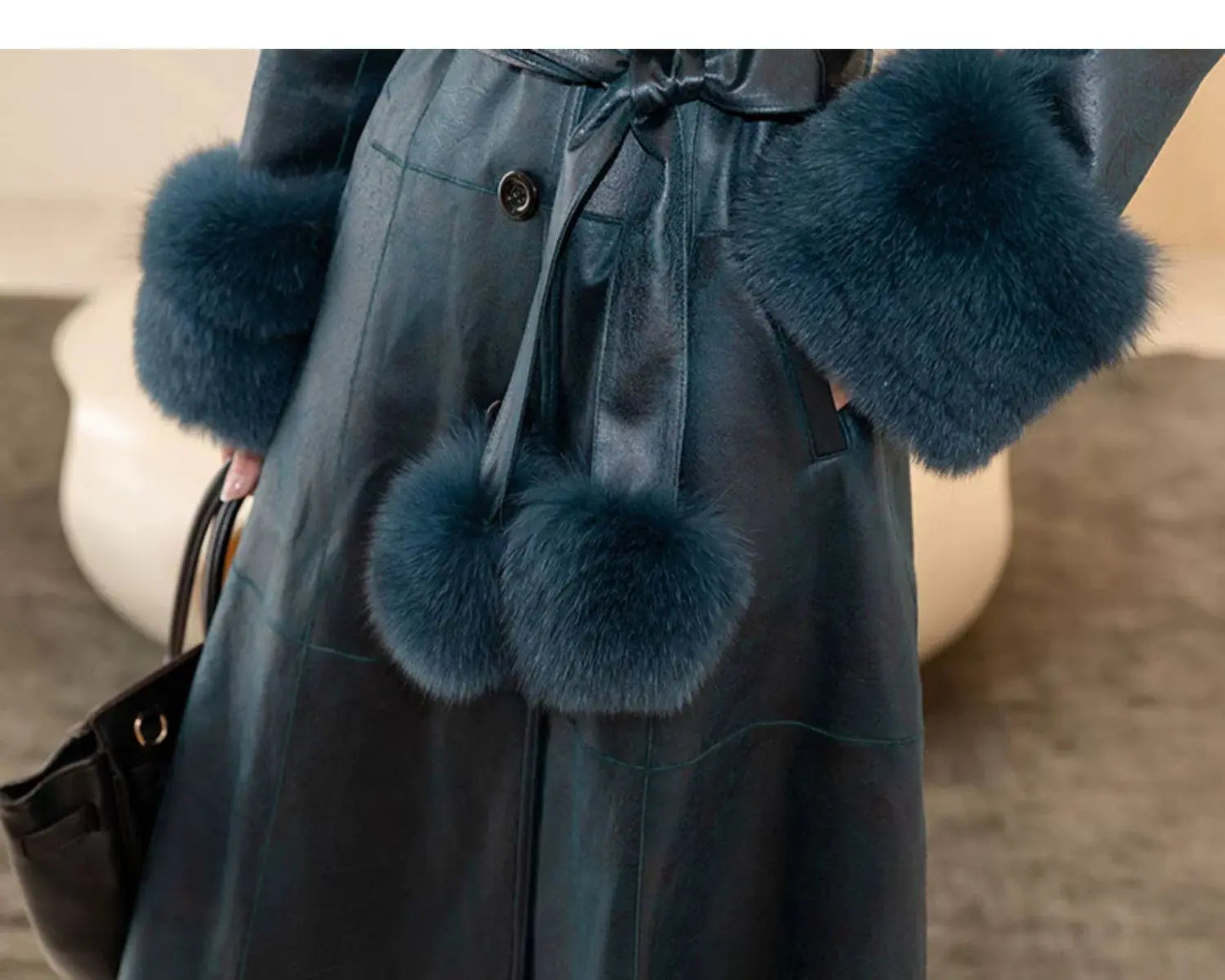 Women's Mid Length Rabbit Fur Fox Fur Collar Slim Fit Coat