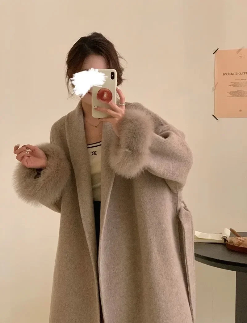 Women's Long Fur Woolen Double Sided Cashmere Coat