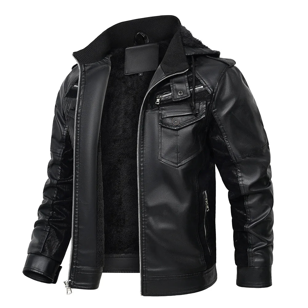 Men's Fur Leather Hooded Zipper Biker Jacket