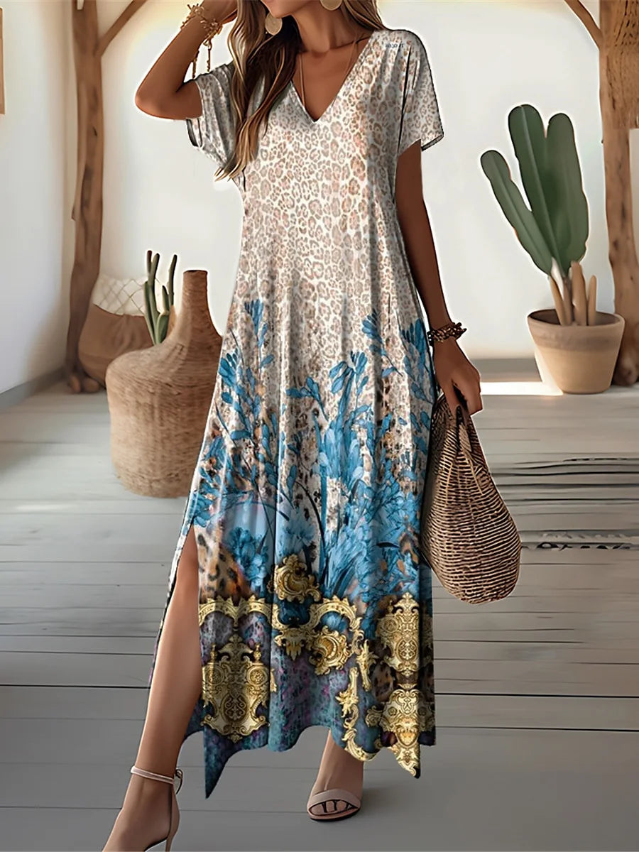 Women's Retro Floral Print Plus Size V-Neck Long Dress