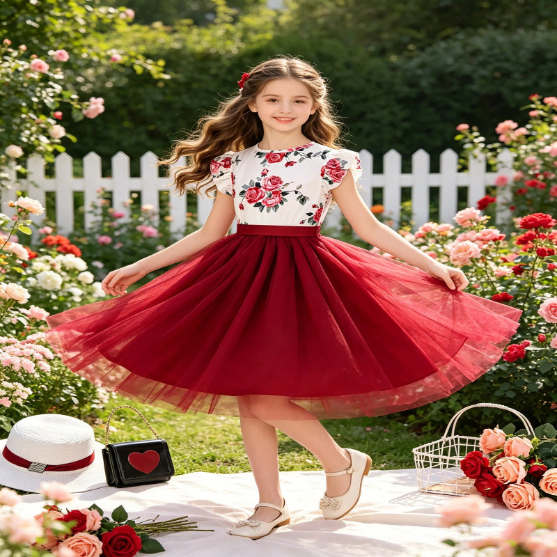 Girls' Small Flying Sleeves Round Neck Dress