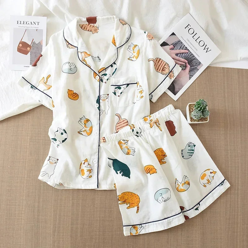Women's 2Pcs Cotton Gauze Thin Short Sleeved Short Pajamas Set