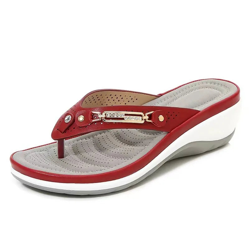 Women's Metal Butto Wedge Flip Flops Slides Slippers