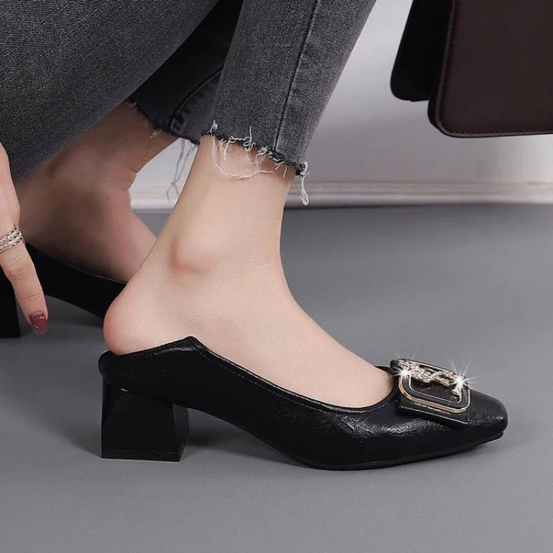Women's Rhinestone Metal Buckle Mid Heel Pumps