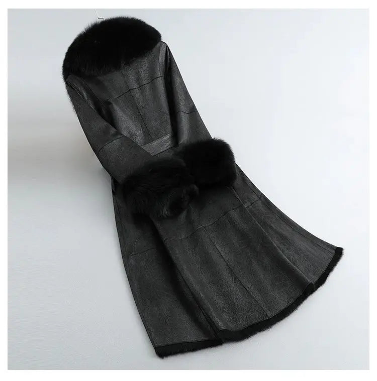 Women's Mid Length Rabbit Fur Fox Fur Collar Slim Fit Coat