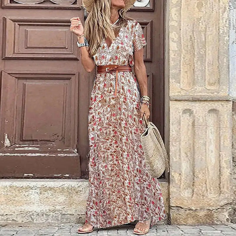 Women's Elegant Floral Pleated V Neck Puff Sleeve Waist Dress