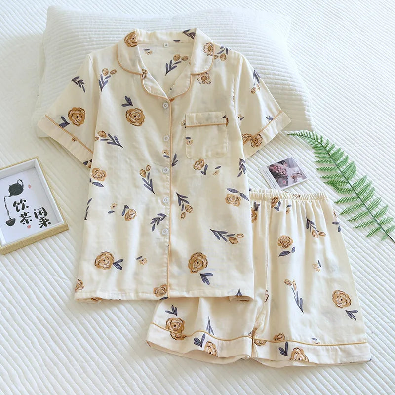 Women's 2Pcs Cotton Gauze Thin Short Sleeved Short Pajamas Set