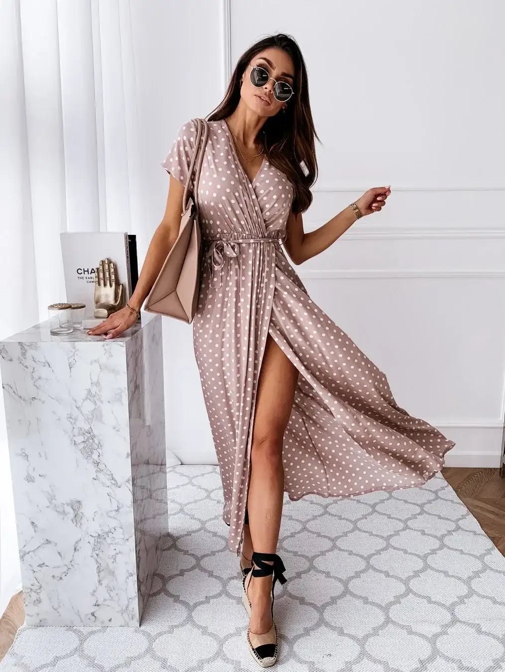 Women's Short Sleeve V-Neck Polka Dot Split Boho Dress