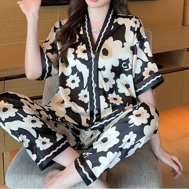 Women's 2Pcs Silk Button up Top and Pants Sleepwear Set