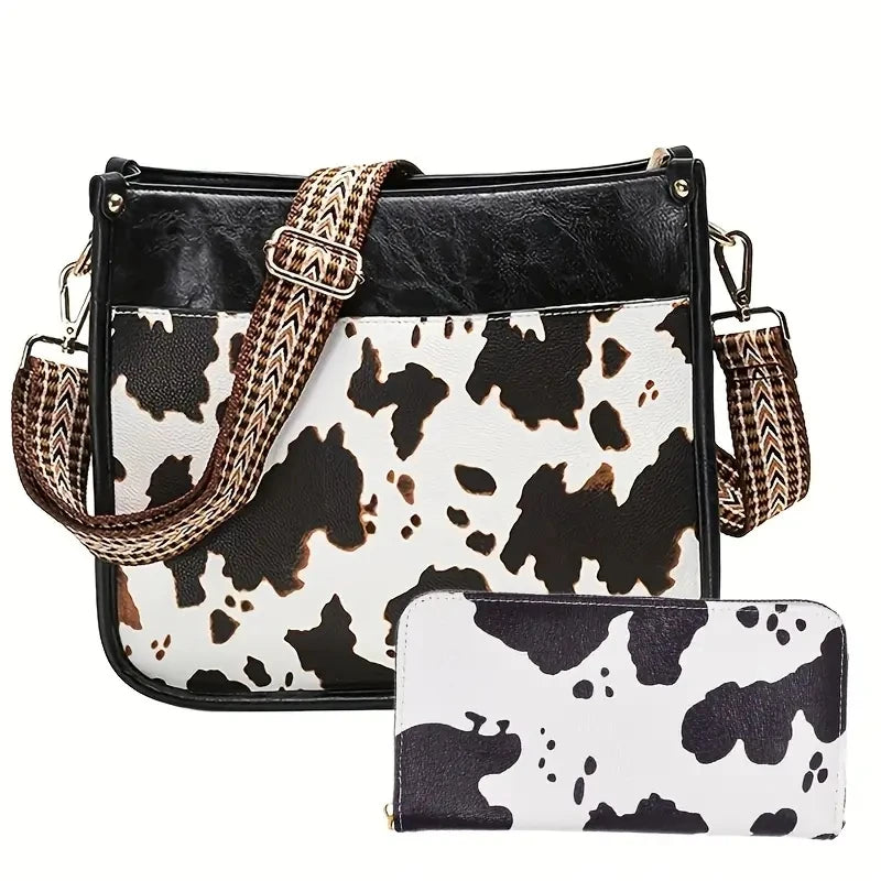 Women's 2Pcs Faux Leather Cow Pattern Shoulder Handbag Purse