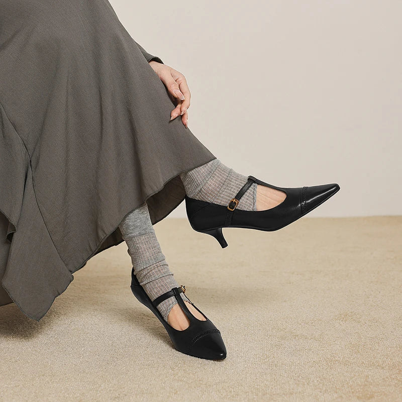 Women's Cow Leather T-Strap Pumps Shoes
