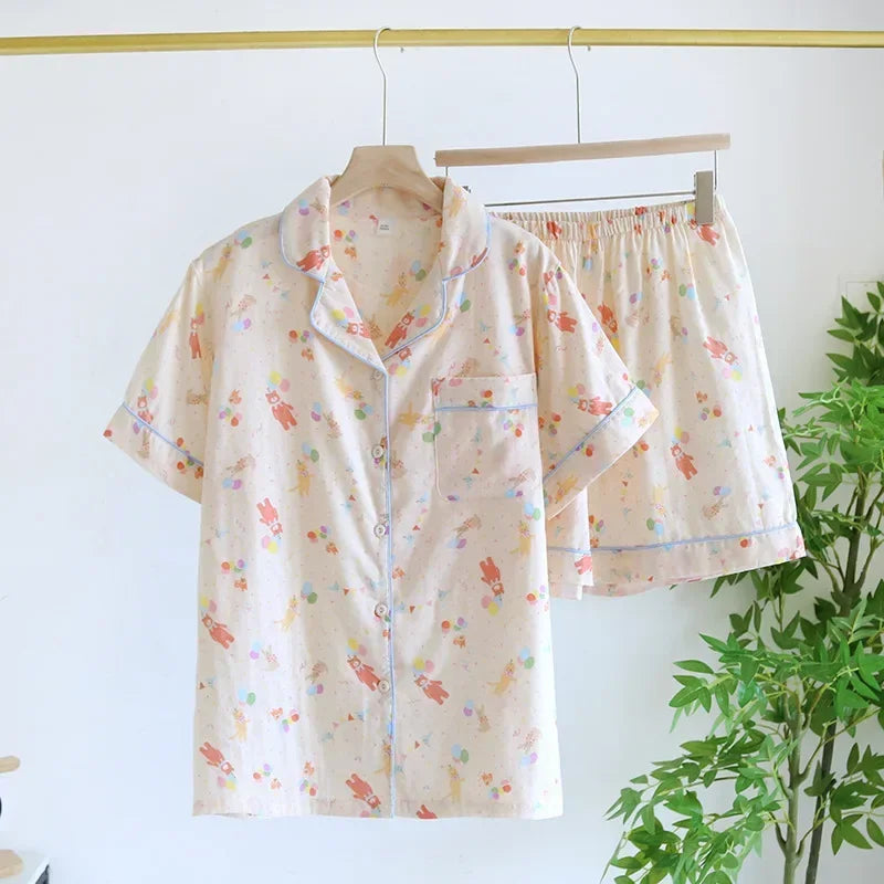Women's 2Pcs Cotton Gauze Thin Short Sleeved Short Pajamas Set