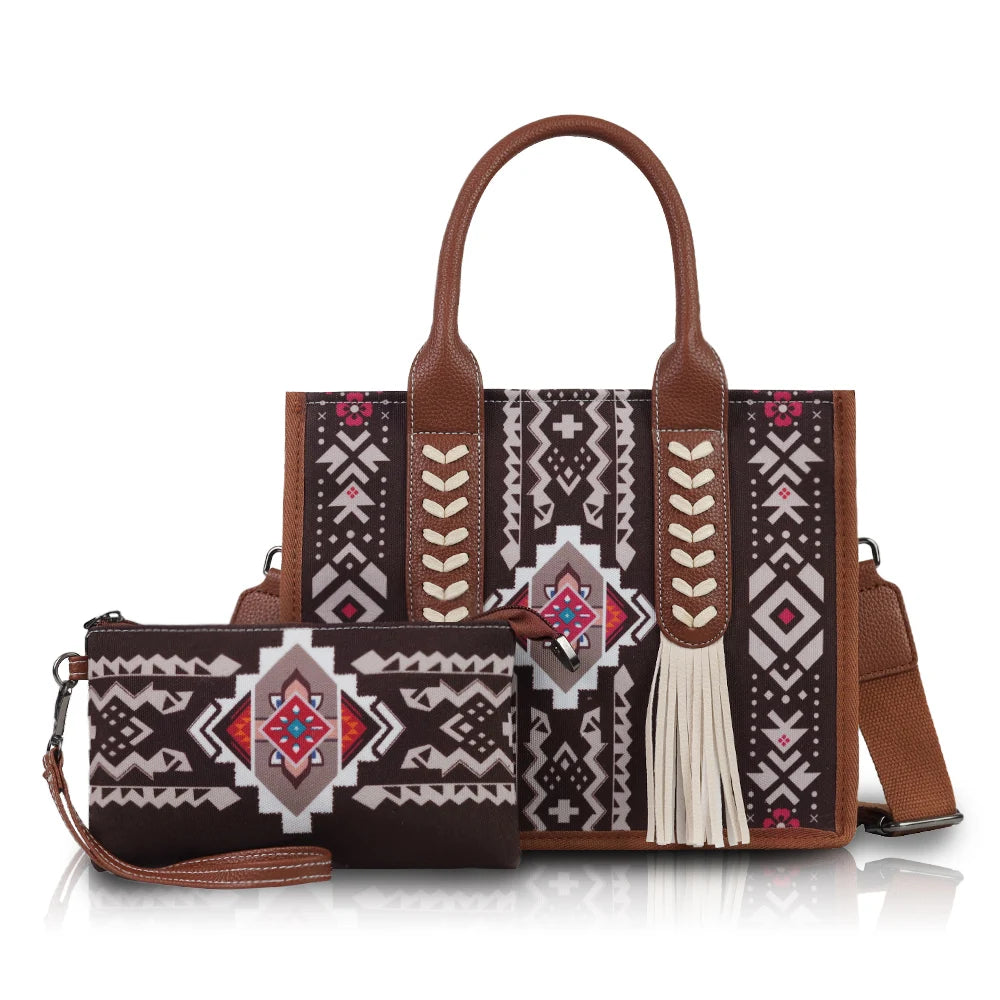 Women's Ethnic Print Tassel Decoration Handheld Crossbody Bag Set