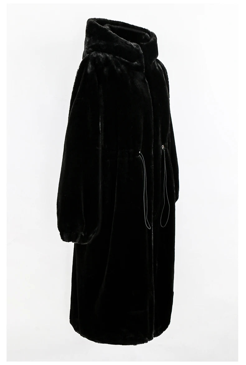 Women's Fluffy Faux Fur Hood Drawstring Waist Zip Up Coat