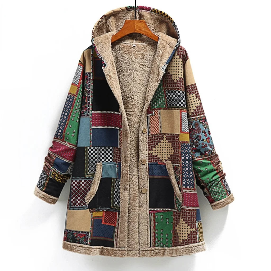 Women's Print Thick Fleece Hooded Long Loose Coat