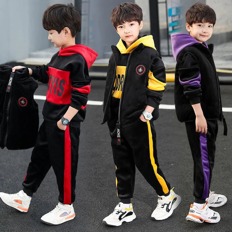 Boys 3Pcs Fleece Lined Zip Waistcoat Sweatshirt Sweatpants Set