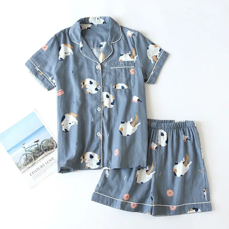 Women's 2Pcs Cotton Gauze Thin Short Sleeved Short Pajamas Set