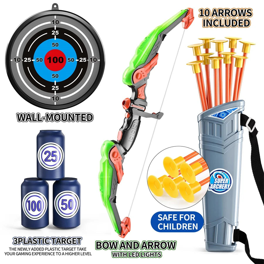 Kids LED Light Up Archery Bow 10 Suction Cup Arrows Set Toy