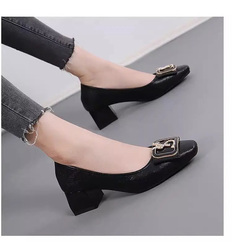 Women's Rhinestone Metal Buckle Mid Heel Pumps