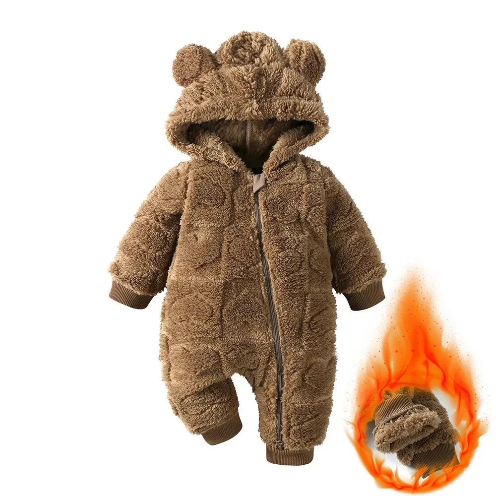 Newborn Baby Thicken Flannel Warm Hooded Jumpsuit Romper