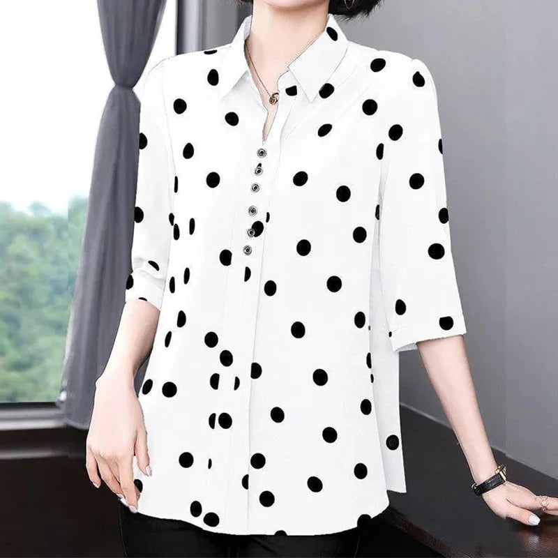 Women's Solid Polka Dot Chiffon V-Neck Shirt