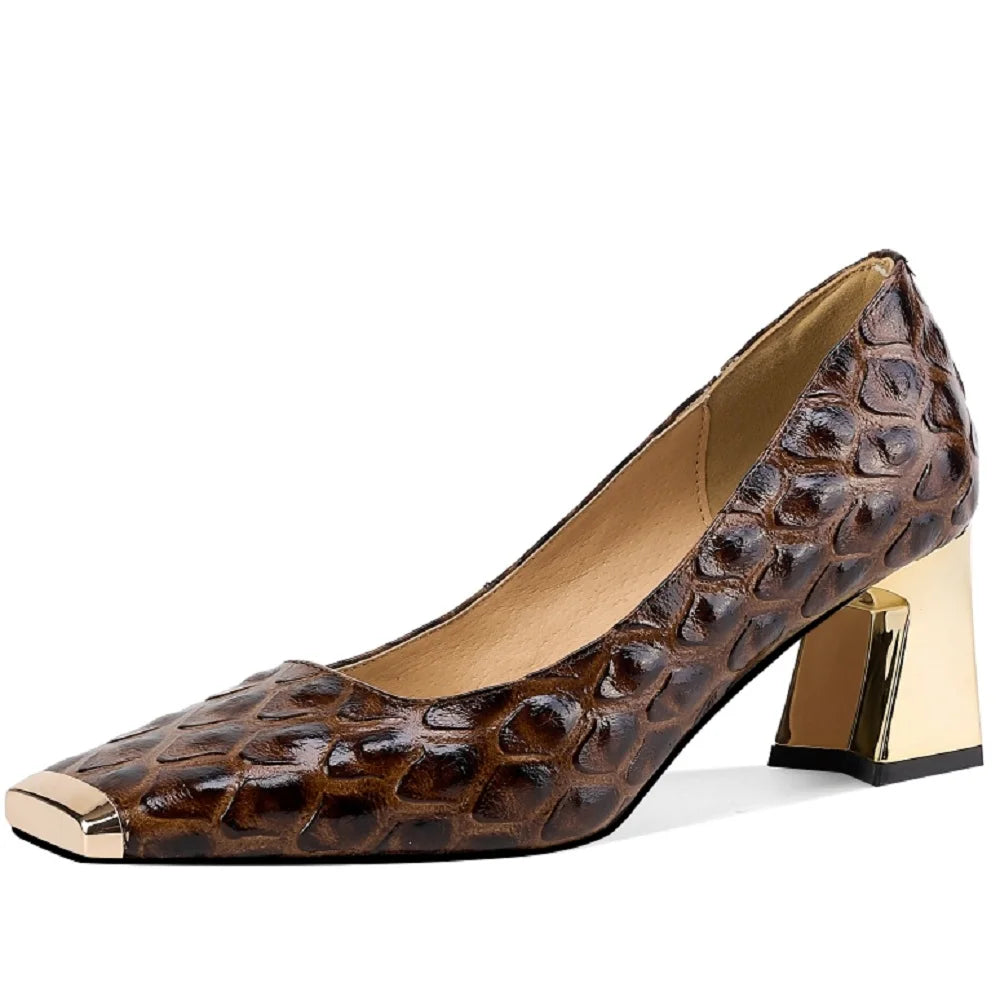 Women's Genuine Leather Mid Heel Square Toe Pumps Shoes