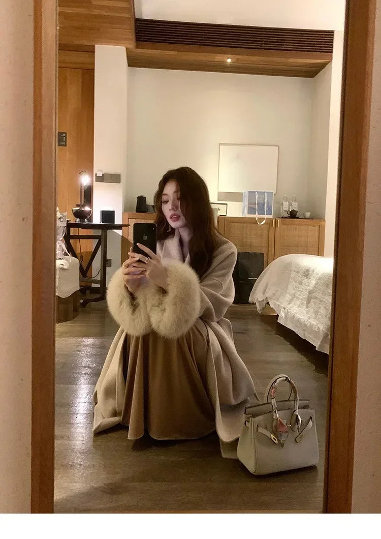 Women's Long Fur Woolen Double Sided Cashmere Coat