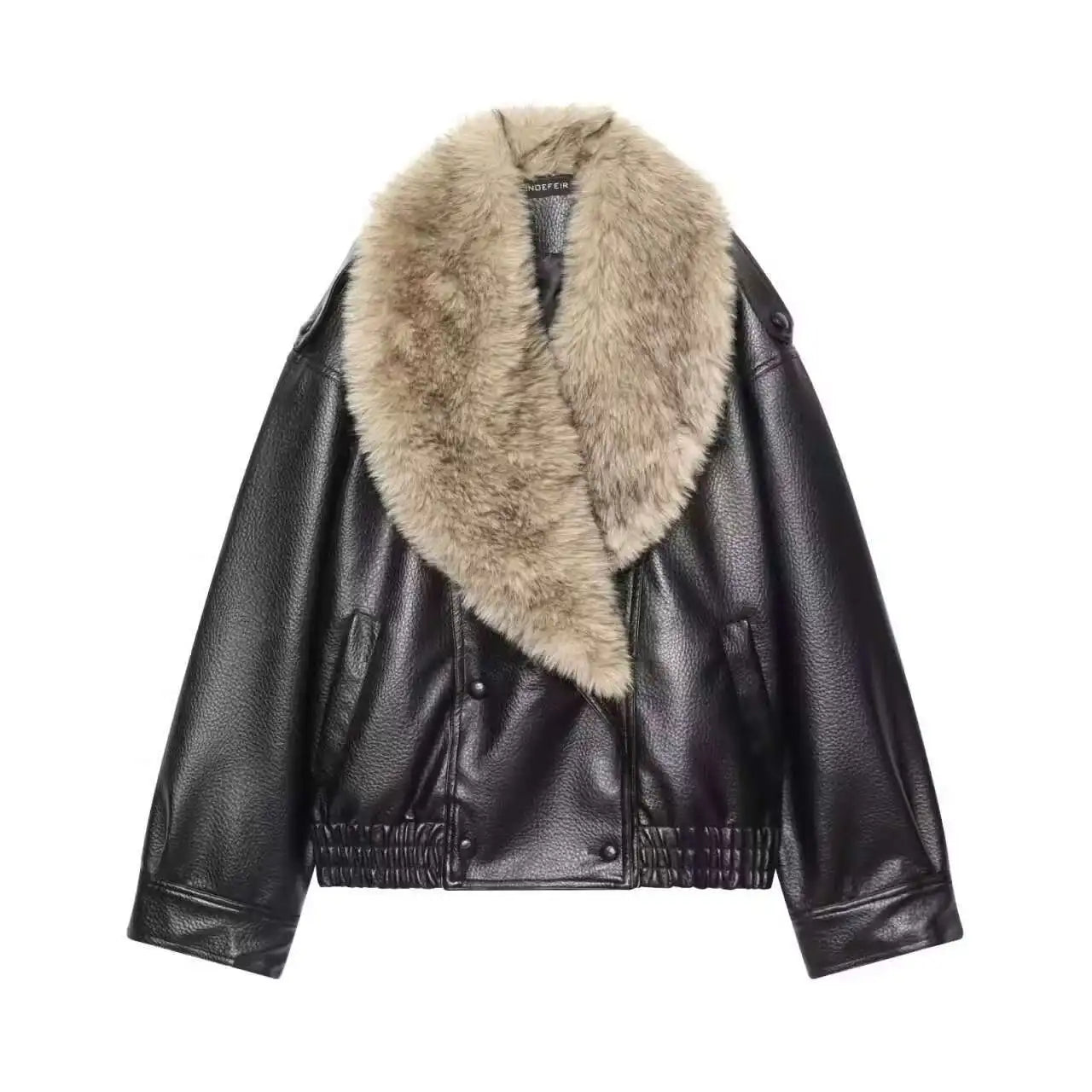 Women's Loose Faux Leather Big Fur Collar Causal Jacket
