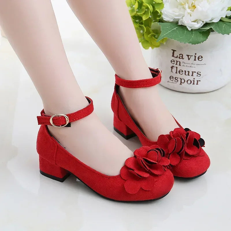 Girls Leather Floral Performance Flock Fabric Shoes