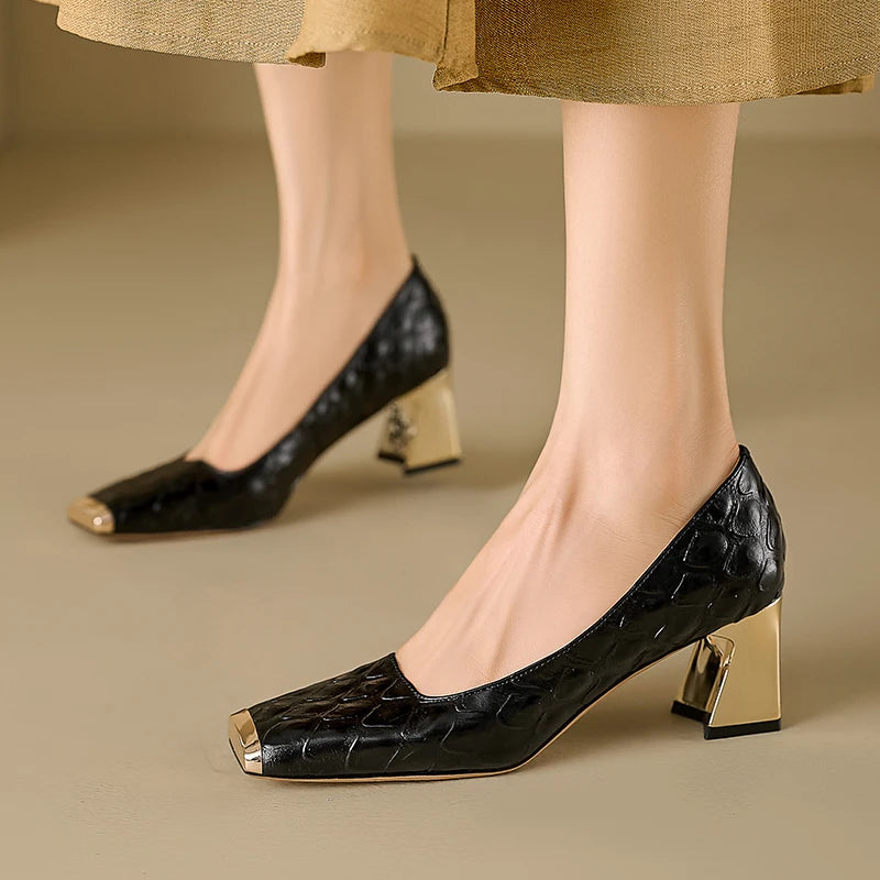 Women's Genuine Leather Mid Heel Square Toe Pumps Shoes