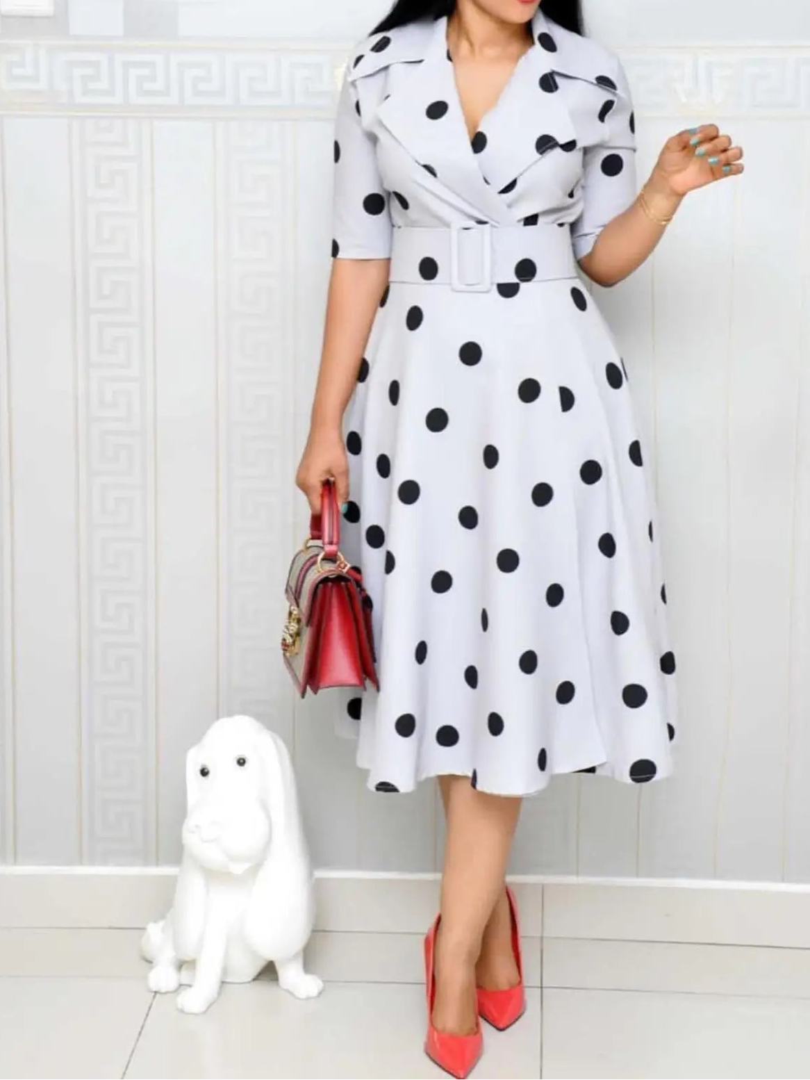 Women's Collar Mid Sleeve Splicing Large Swing Wide Belt Dress